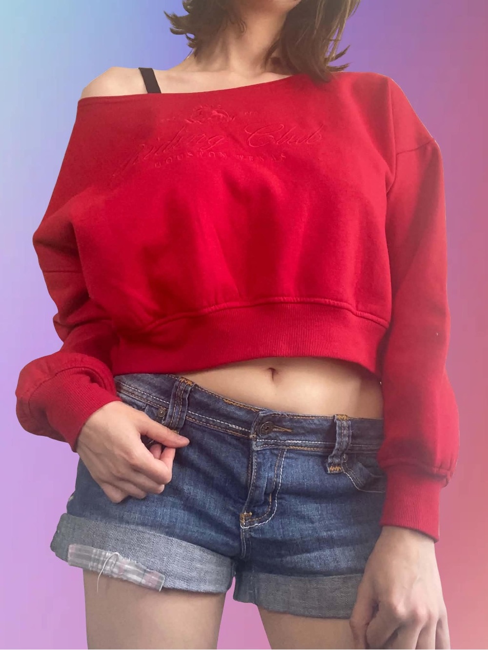 Aeropostale "Riding Club Houston Texas" Off-The-Shoulder Cropped Sweatshirt
